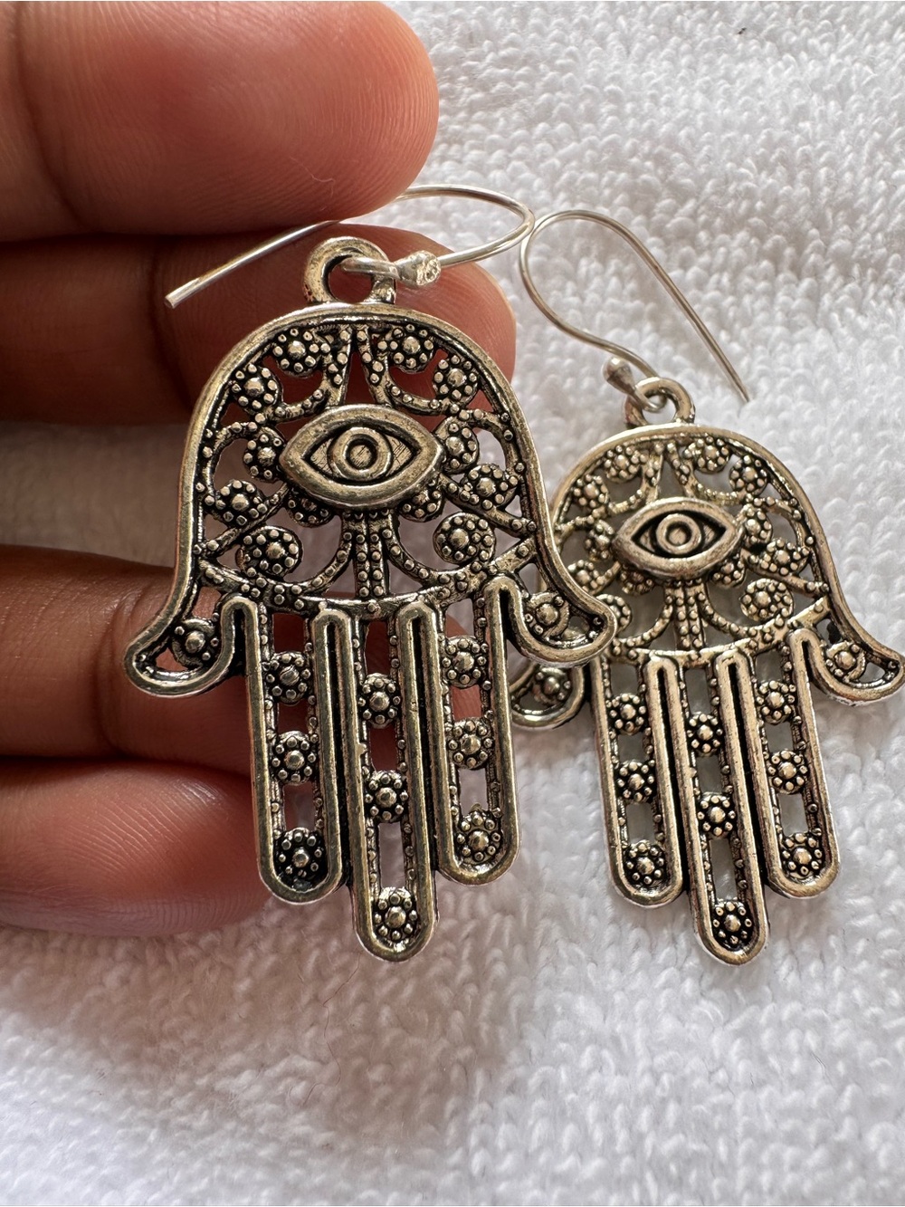 Silver Tone Hand Dangle Earrings with Eye Motif - Women Jewelry